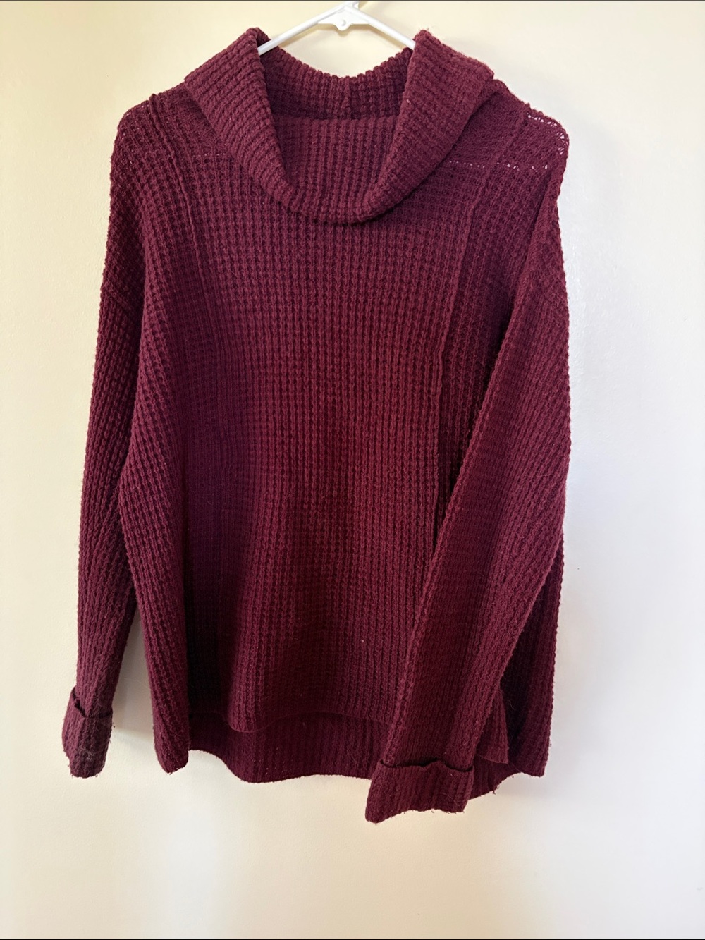 Free People Burgundy Waffle Cowl Neck Sweater